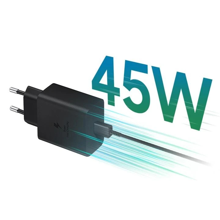 شارژر 45 وات سامسونگ مدل EP-T4510، سوپر فست شارژ، اتصال سه پین، درگاه خروجی USB-C، به همراه کابل USB-C، دارای قابلیت شارژ سریع، تکنولوژی شارژ PD 1.0