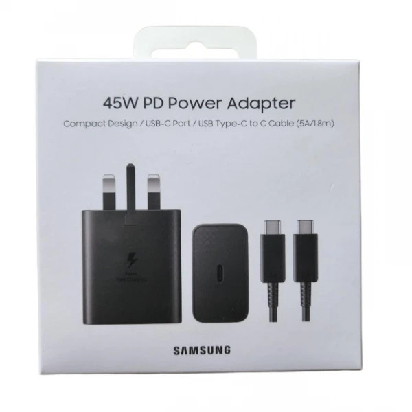 شارژر 45 وات سامسونگ مدل EP-T4510، سوپر فست شارژ، اتصال سه پین، درگاه خروجی USB-C، به همراه کابل USB-C، دارای قابلیت شارژ سریع، تکنولوژی شارژ PD 1.0