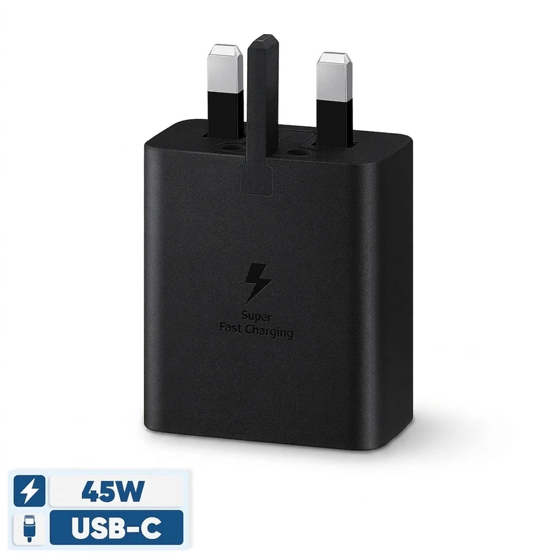 شارژر  45 وات مدل EP-TA4510XBEGGB MV-45W، اتصال سه پین، درگاه خروجی USB-C، دارای قابلیت شارژ ایمن و شارژ سریع، تکنولوژی شارژ Super Charge