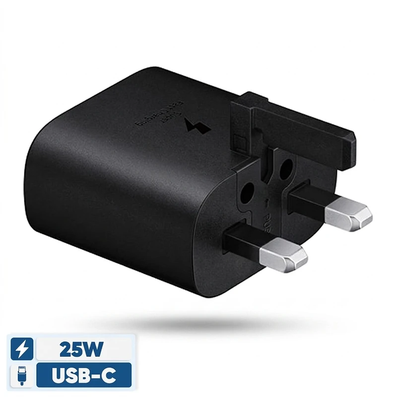 شارژر 25 وات سامسونگ مدل EP-TA800NBEGGB، اتصال سه پین، درگاه خروجی USB-C، دارای قابلیت شارژ سریع، تکنولوژی شارژ PD 3.0