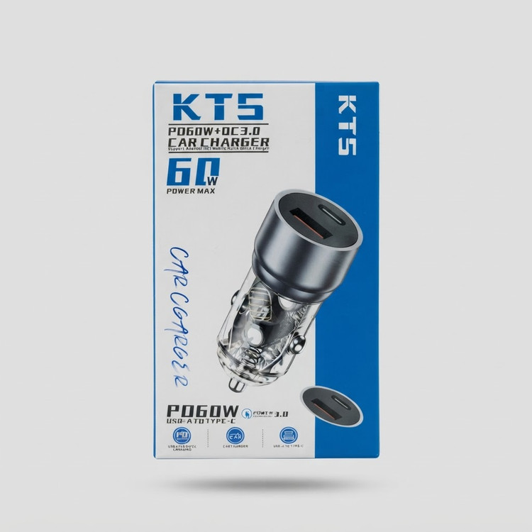 شارژر فندکی 60 وات KTS دارای قابلیت سوپر فست شارژ