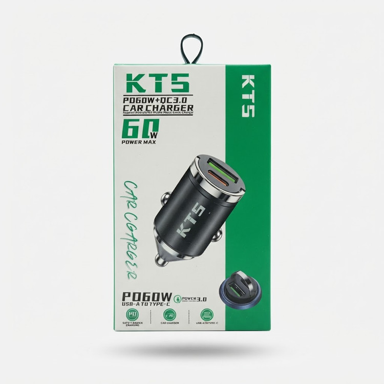 شارژر فندکی 60 وات KTS دارای قابلیت سوپر فست شارژ