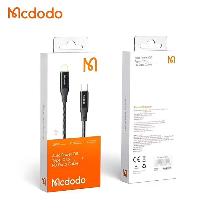 کابل فست شارژ تایپC به لایتنینگ مکدودو مدل CA-3050 با طول 1.2 متر با قابلیت قطع کن اتوماتیک
