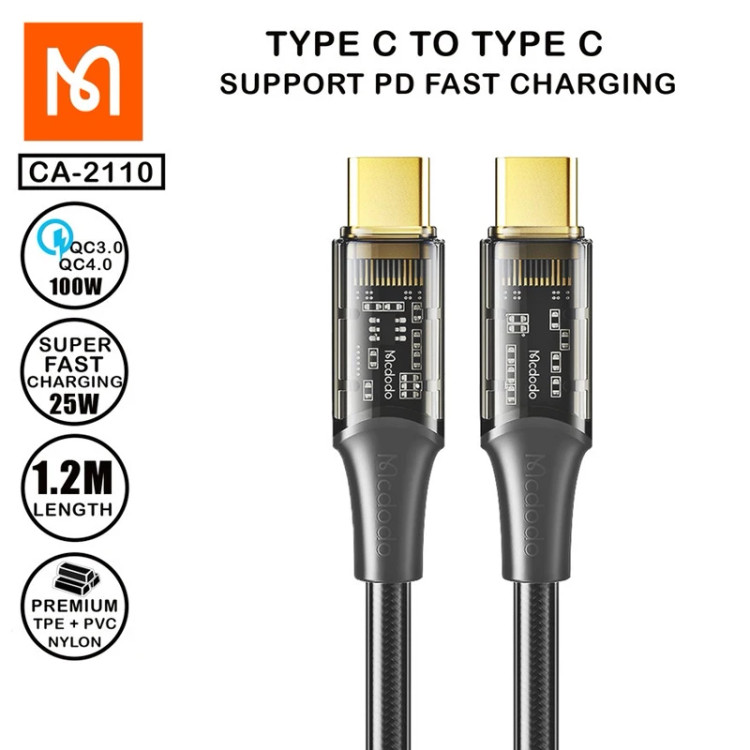 کابل سوپر فست شارژ تایپ-C به تایپ-C مک دودو 100 وات مدل CA2110 با طول 1.2 متر