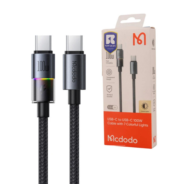 کابل سوپر فست شارژ تایپ-C به تایپ-C مک دودو 100 وات مدل CA-820 با طول 1.2 متر و RGB